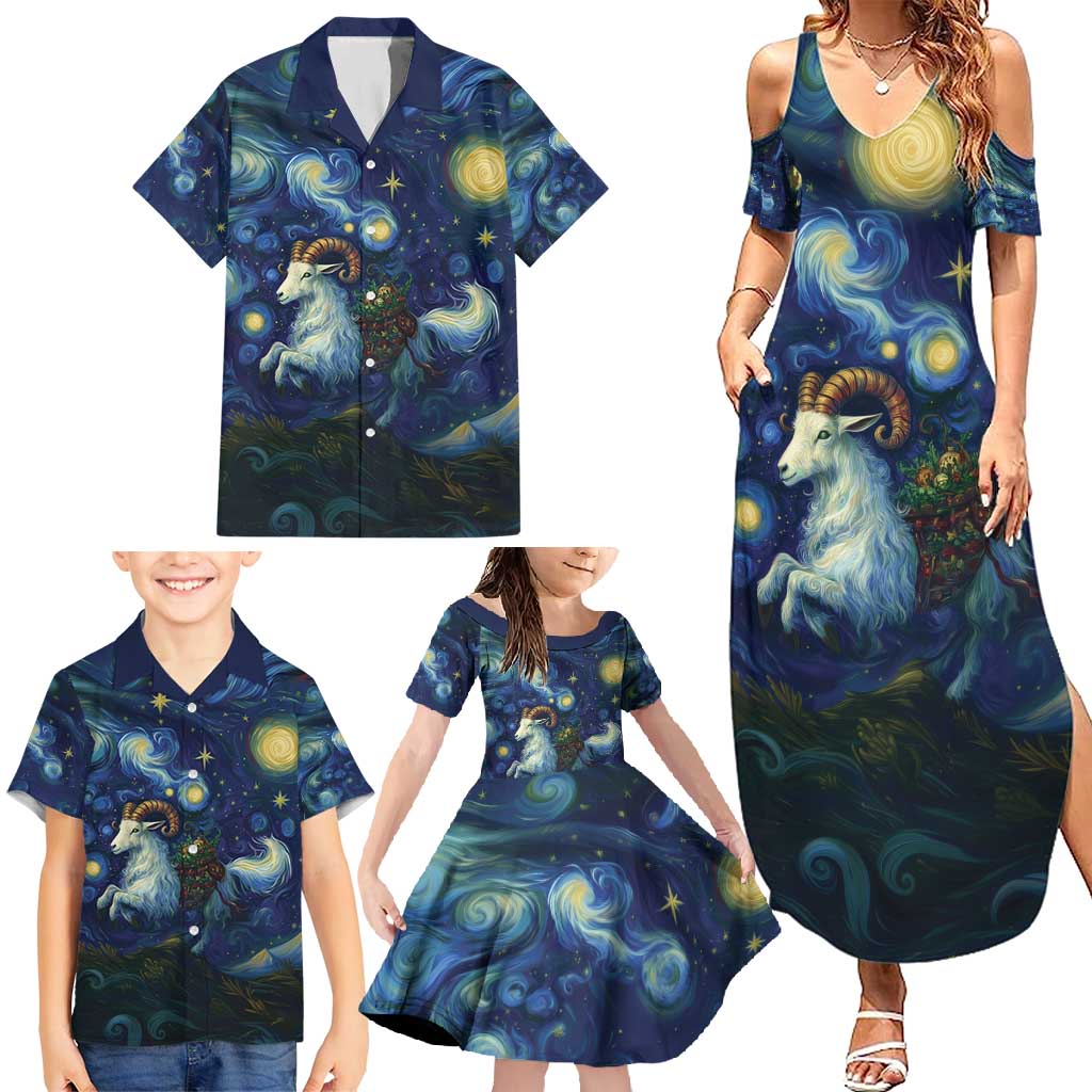 Yule Goat Starry Night Family Matching Summer Maxi Dress and Hawaiian Shirt - Wonder Print Shop