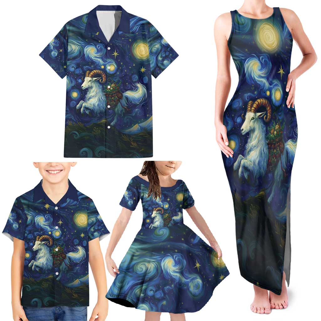 Yule Goat Starry Night Family Matching Tank Maxi Dress and Hawaiian Shirt - Wonder Print Shop