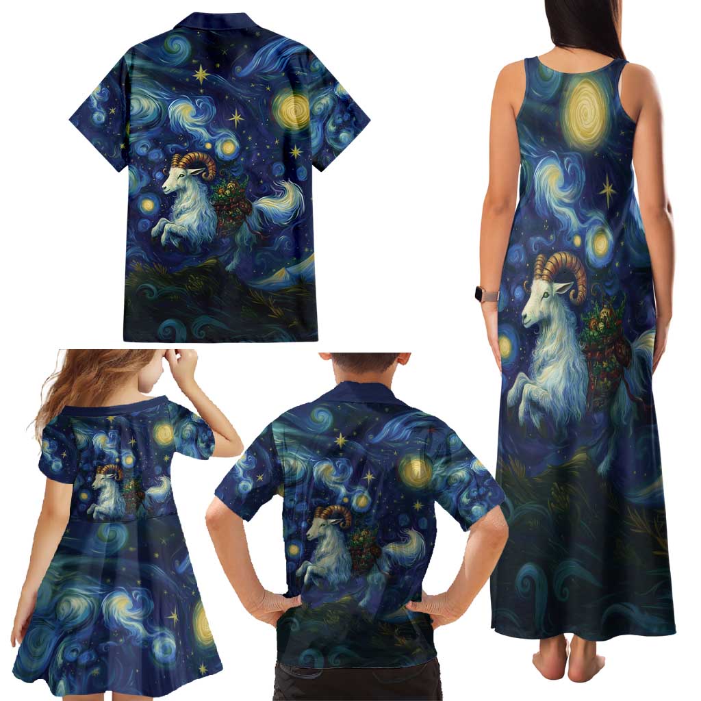 Yule Goat Starry Night Family Matching Tank Maxi Dress and Hawaiian Shirt - Wonder Print Shop