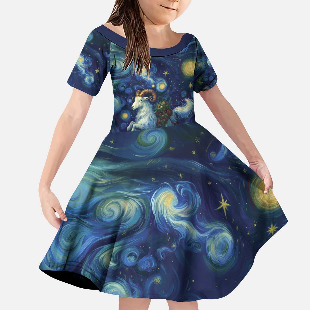 Yule Goat Starry Night Kid Short Sleeve Dress - Wonder Print Shop