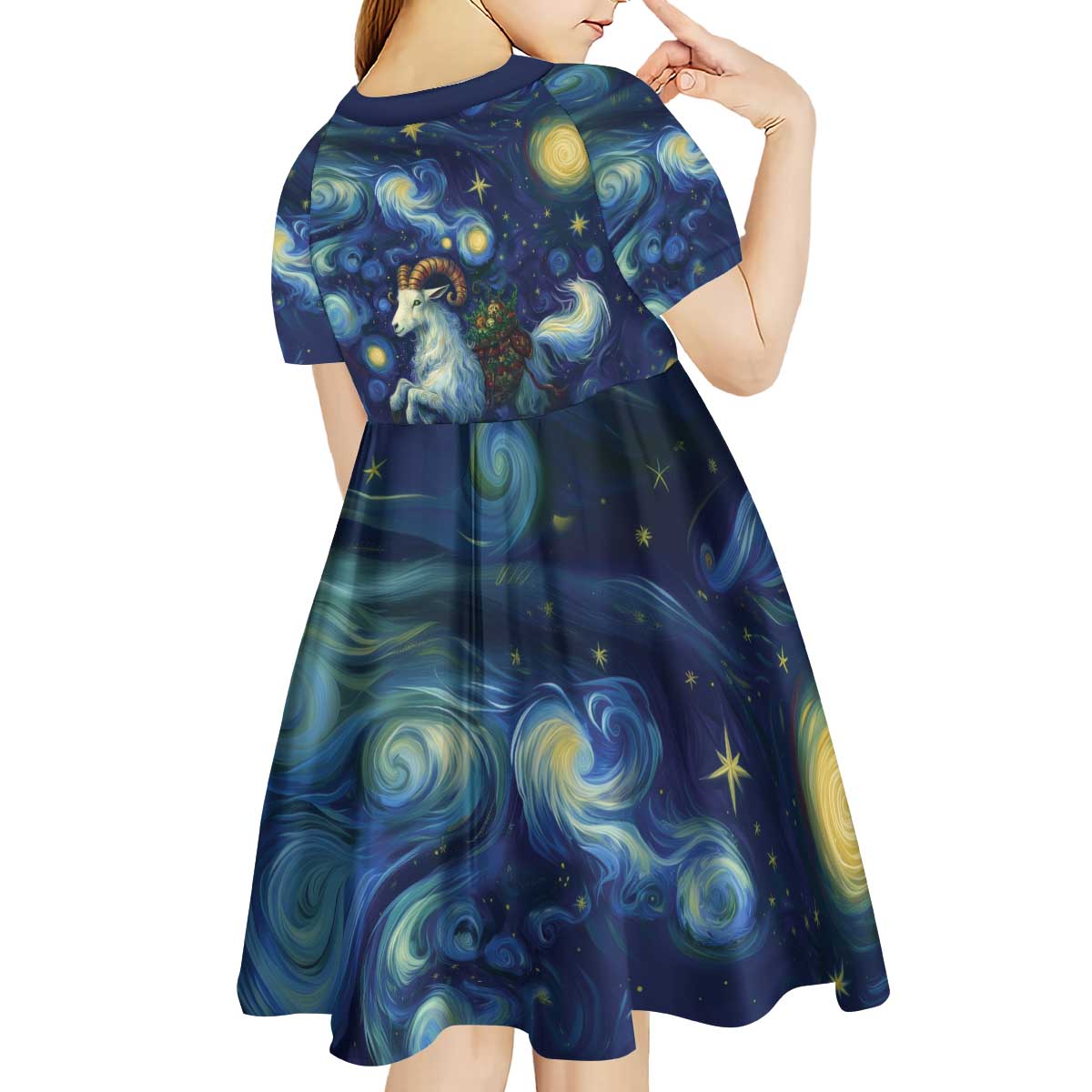 Yule Goat Starry Night Kid Short Sleeve Dress - Wonder Print Shop
