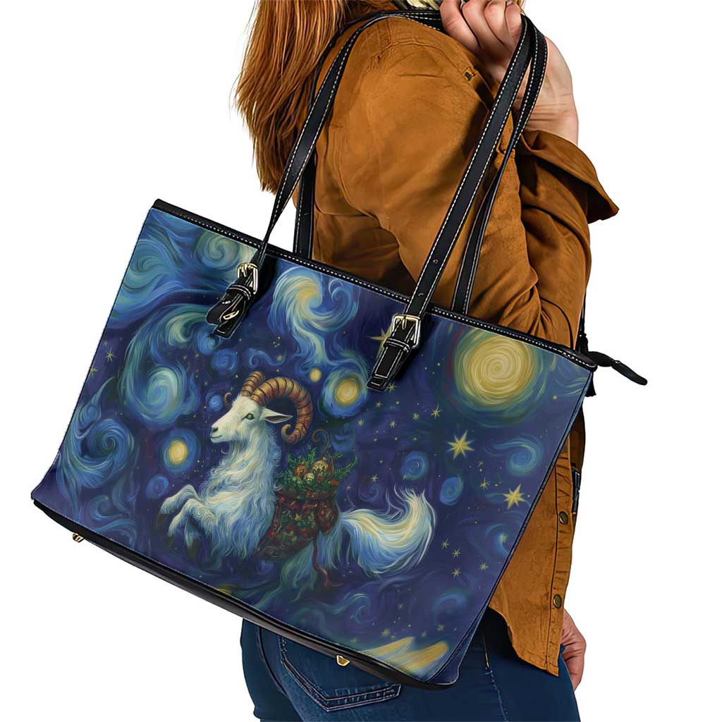 Yule Goat Starry Night Leather Tote Bag - Wonder Print Shop