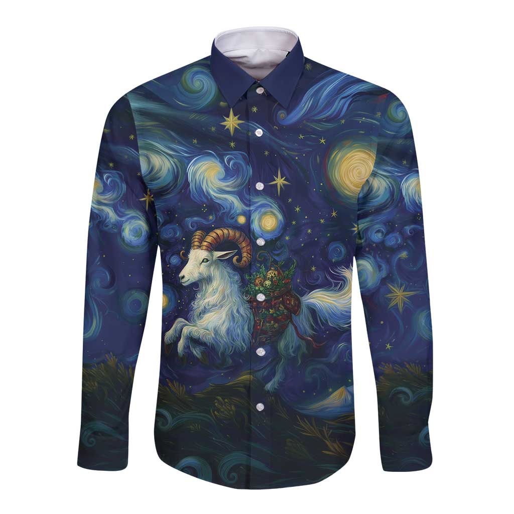 Yule Goat Starry Night Long Sleeve Button Shirt - Wonder Print Shop