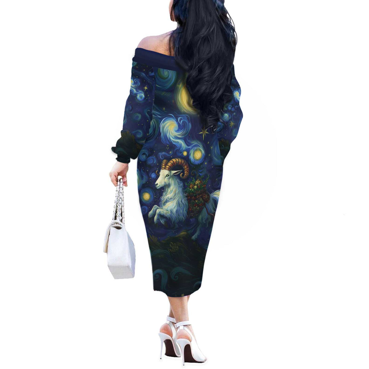 Yule Goat Starry Night Off The Shoulder Long Sleeve Dress - Wonder Print Shop