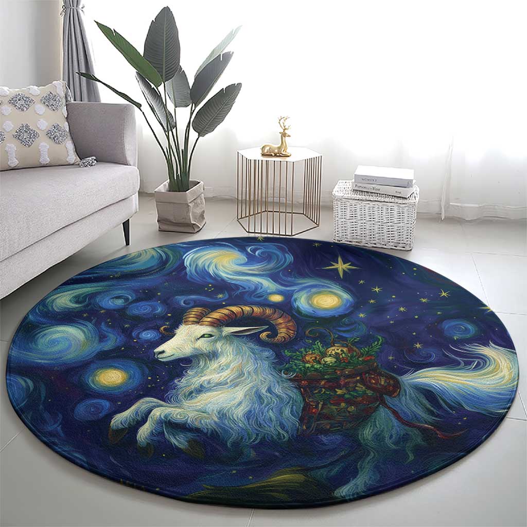 Yule Goat Starry Night Round Carpet