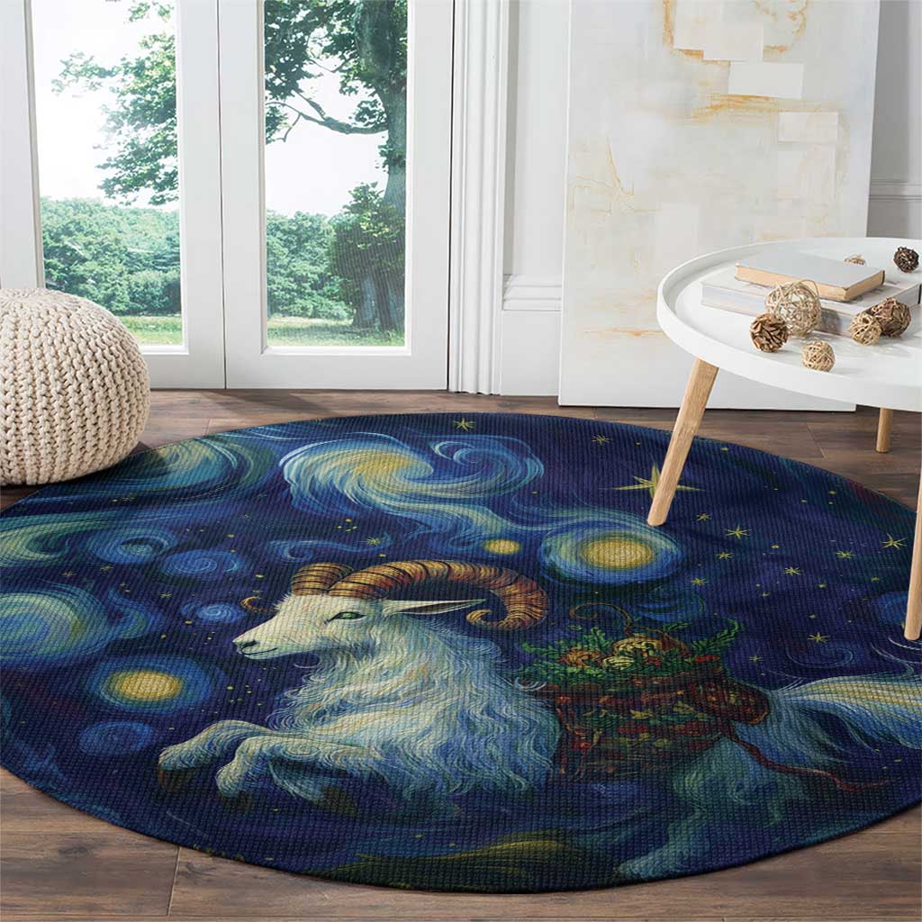 Yule Goat Starry Night Round Carpet