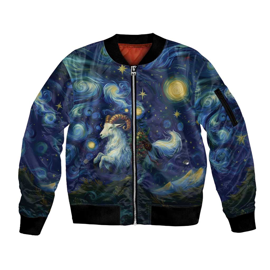 Yule Goat Starry Night Sleeve Zip Bomber Jacket - Wonder Print Shop