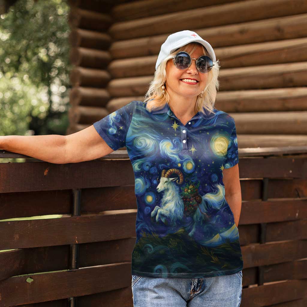 Yule Goat Starry Night Women Polo Shirt - Wonder Print Shop