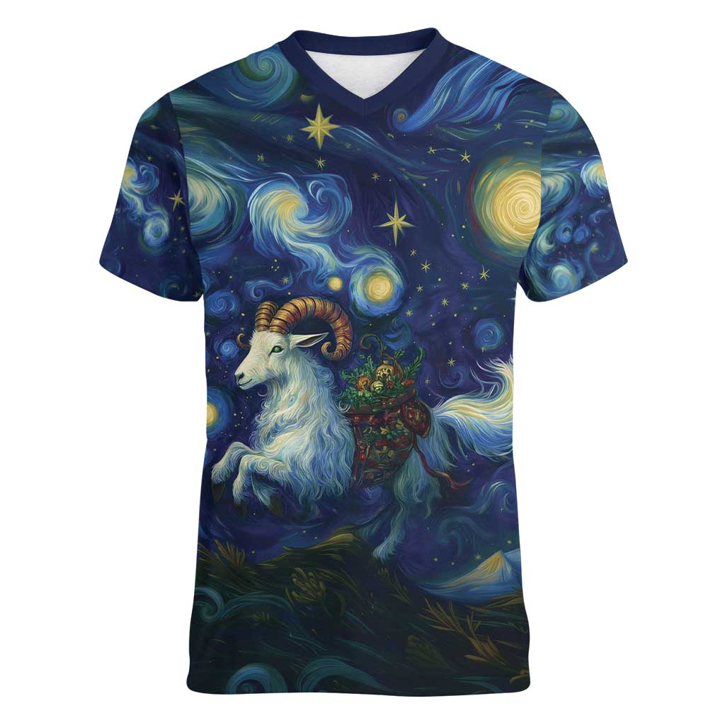 Yule Goat Starry Night Women V-Neck T-Shirt - Wonder Print Shop