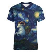 Yule Goat Starry Night Women V-Neck T-Shirt - Wonder Print Shop