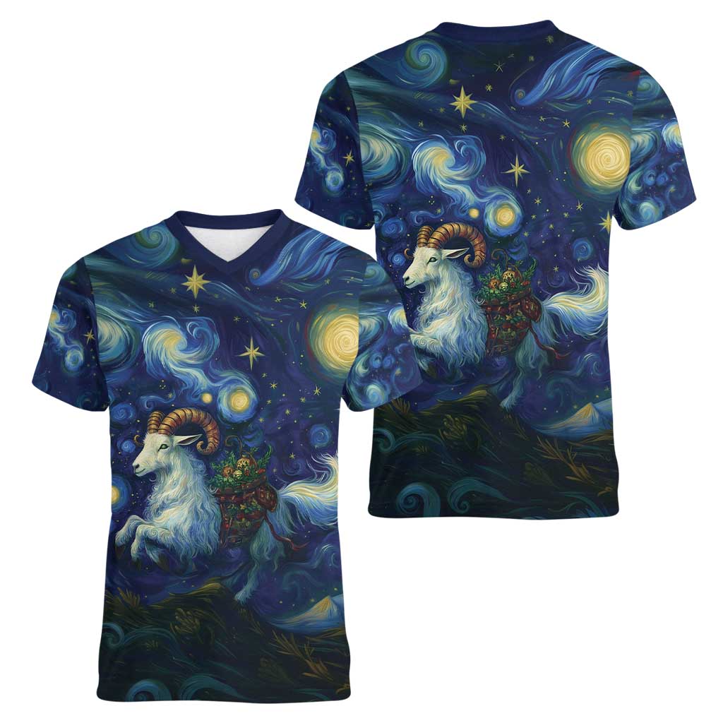 Yule Goat Starry Night Women V-Neck T-Shirt - Wonder Print Shop