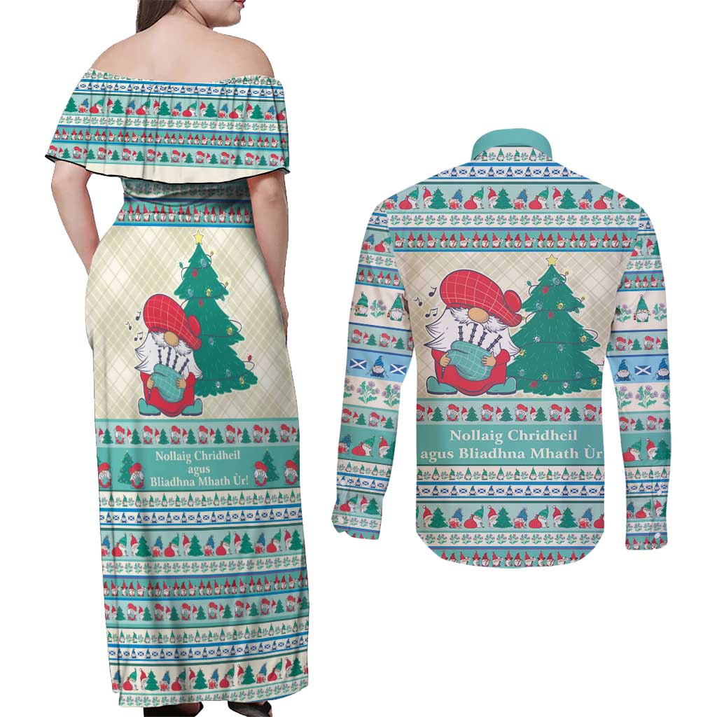Gnome Bagpies Musical Couples Matching Off Shoulder Maxi Dress and Long Sleeve Button Shirt Nollaig Chridheil Scotland Christmas Pattern LT9 - Wonder Print Shop