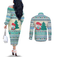 Gnome Bagpies Musical Couples Matching Off The Shoulder Long Sleeve Dress and Long Sleeve Button Shirt Nollaig Chridheil Scotland Christmas Pattern