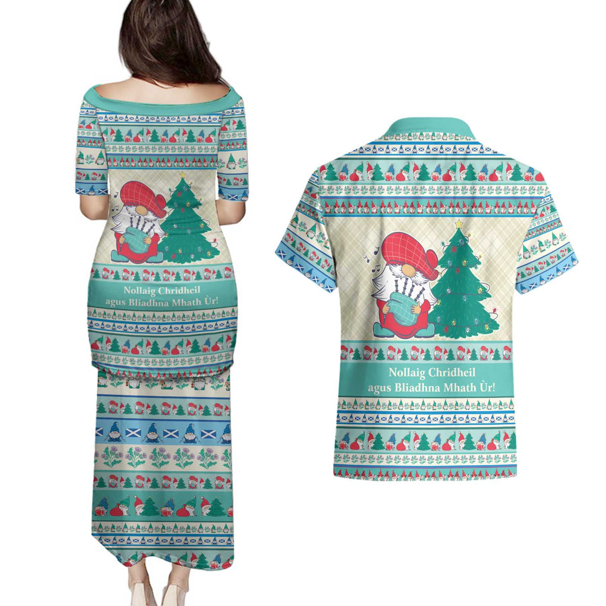 Gnome Bagpies Musical Couples Matching Puletasi and Hawaiian Shirt Nollaig Chridheil Scotland Christmas Pattern LT9 - Wonder Print Shop