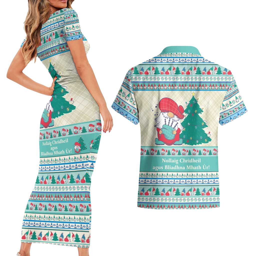 Gnome Bagpies Musical Couples Matching Short Sleeve Bodycon Dress and Hawaiian Shirt Nollaig Chridheil Scotland Christmas Pattern LT9 - Wonder Print Shop