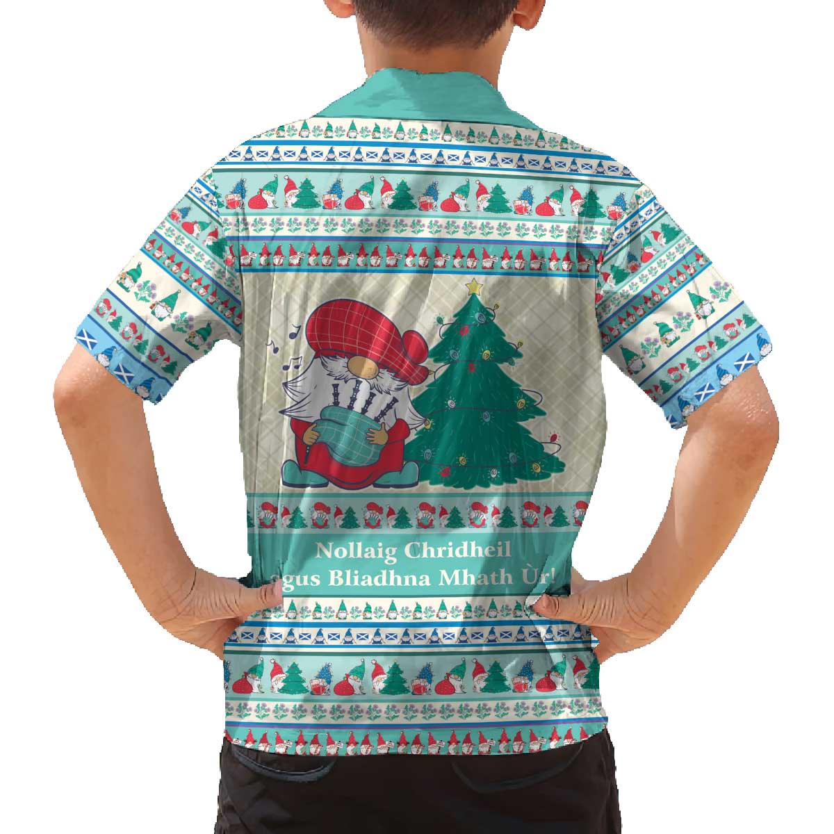Gnome Bagpies Musical Family Matching Off The Shoulder Long Sleeve Dress and Hawaiian Shirt Nollaig Chridheil Scotland Christmas Pattern - Wonder Print Shop