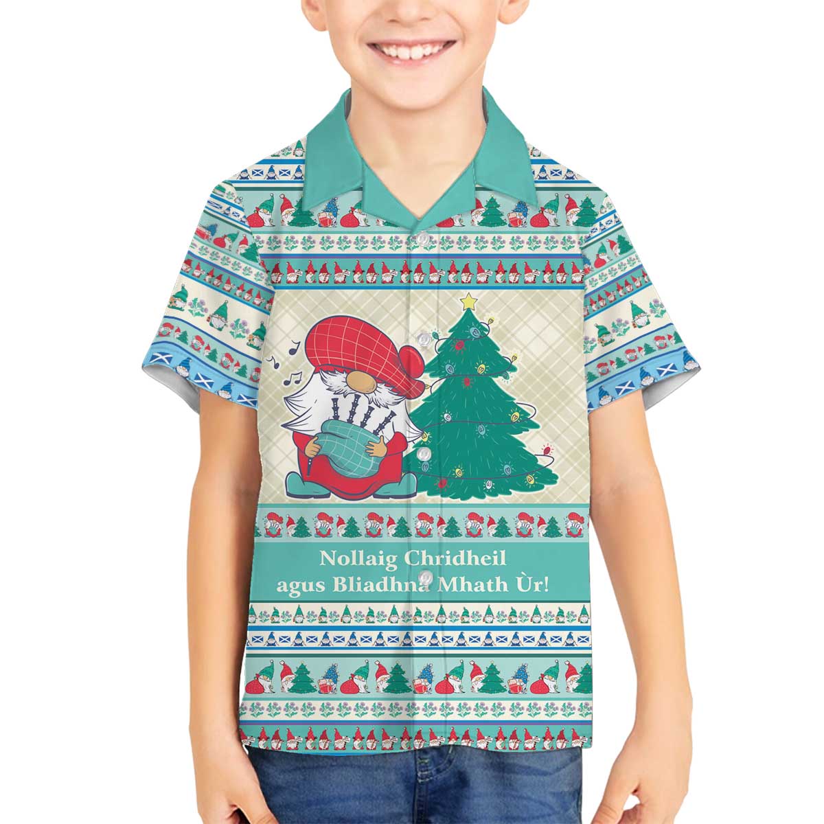 Gnome Bagpies Musical Family Matching Off The Shoulder Long Sleeve Dress and Hawaiian Shirt Nollaig Chridheil Scotland Christmas Pattern - Wonder Print Shop