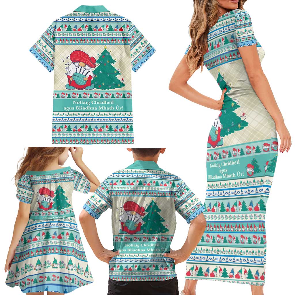 Gnome Bagpies Musical Family Matching Short Sleeve Bodycon Dress and Hawaiian Shirt Nollaig Chridheil Scotland Christmas Pattern - Wonder Print Shop