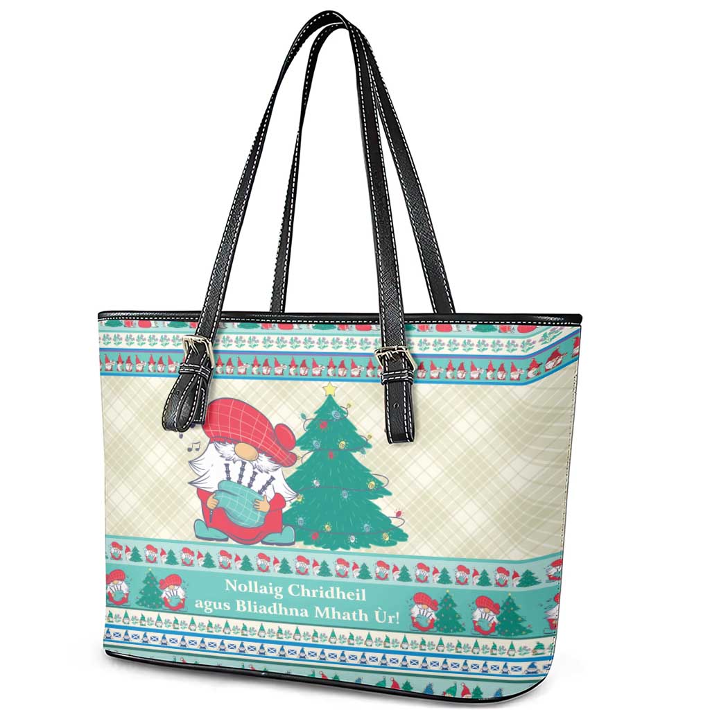 Gnome Bagpies Musical Leather Tote Bag Nollaig Chridheil Scotland Christmas Pattern - Wonder Print Shop