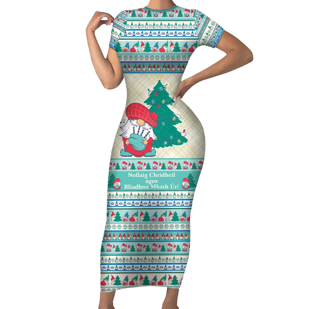 Gnome Bagpies Musical Short Sleeve Bodycon Dress Nollaig Chridheil Scotland Christmas Pattern - Wonder Print Shop