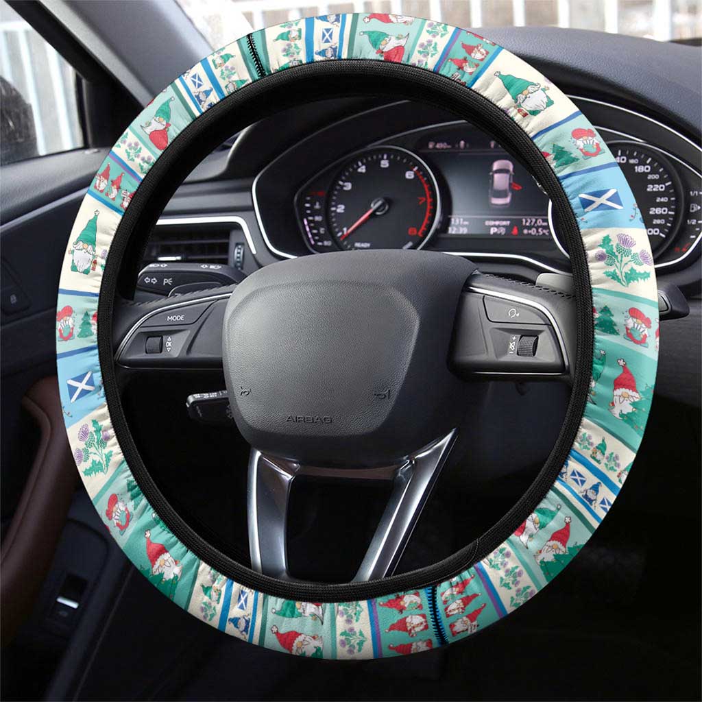 Gnome Bagpies Musical Steering Wheel Cover Nollaig Chridheil Scotland Christmas Pattern - Wonder Print Shop