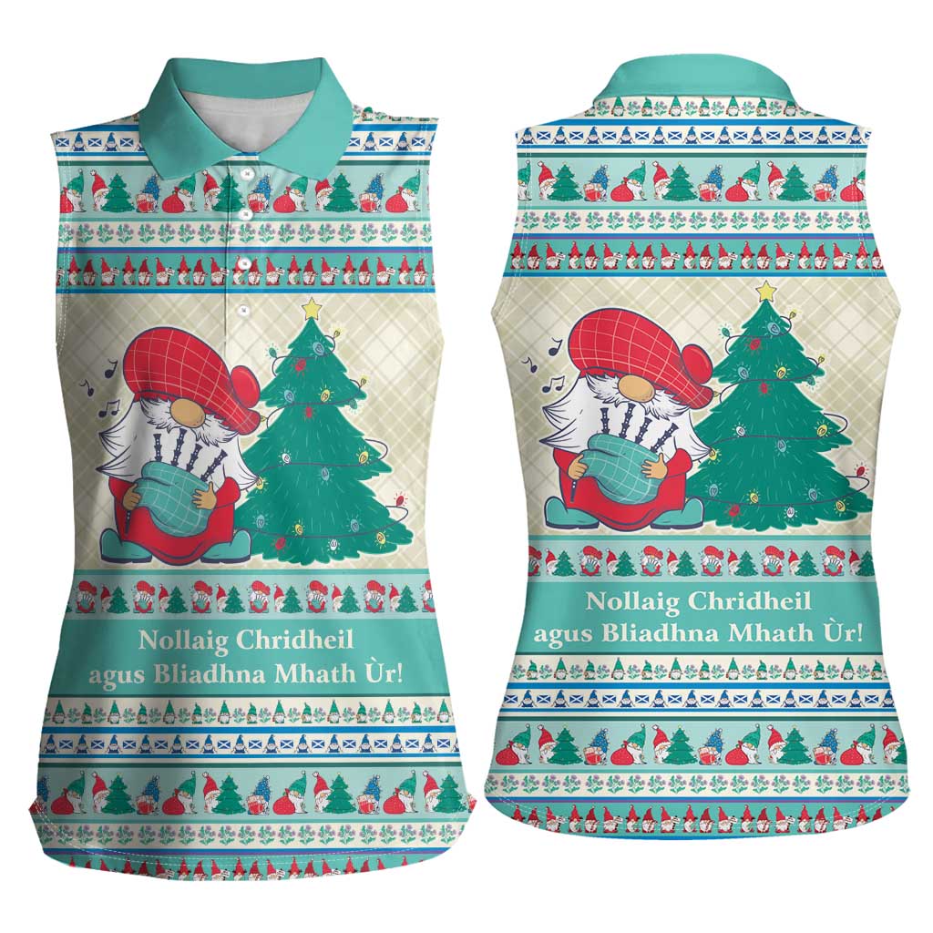 Gnome Bagpies Musical Women Sleeveless Polo Shirt Nollaig Chridheil Scotland Christmas Pattern - Wonder Print Shop