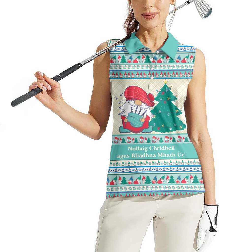 Gnome Bagpies Musical Women Sleeveless Polo Shirt Nollaig Chridheil Scotland Christmas Pattern - Wonder Print Shop