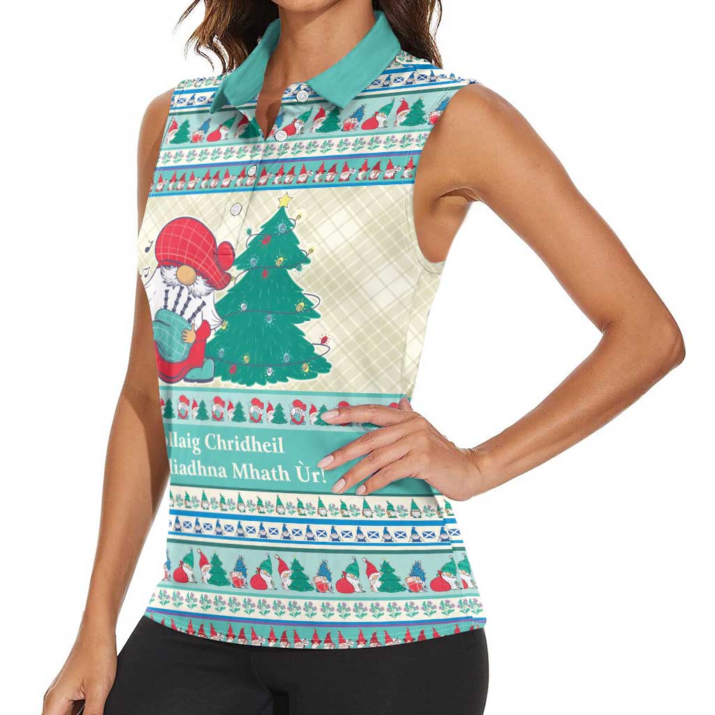 Gnome Bagpies Musical Women Sleeveless Polo Shirt Nollaig Chridheil Scotland Christmas Pattern - Wonder Print Shop