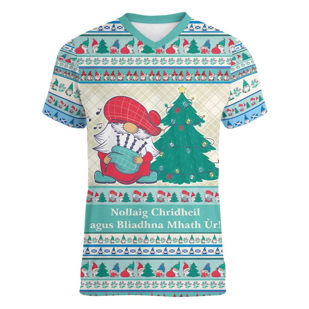 Gnome Bagpies Musical Women V-Neck T-Shirt Nollaig Chridheil Scotland Christmas Pattern - Wonder Print Shop