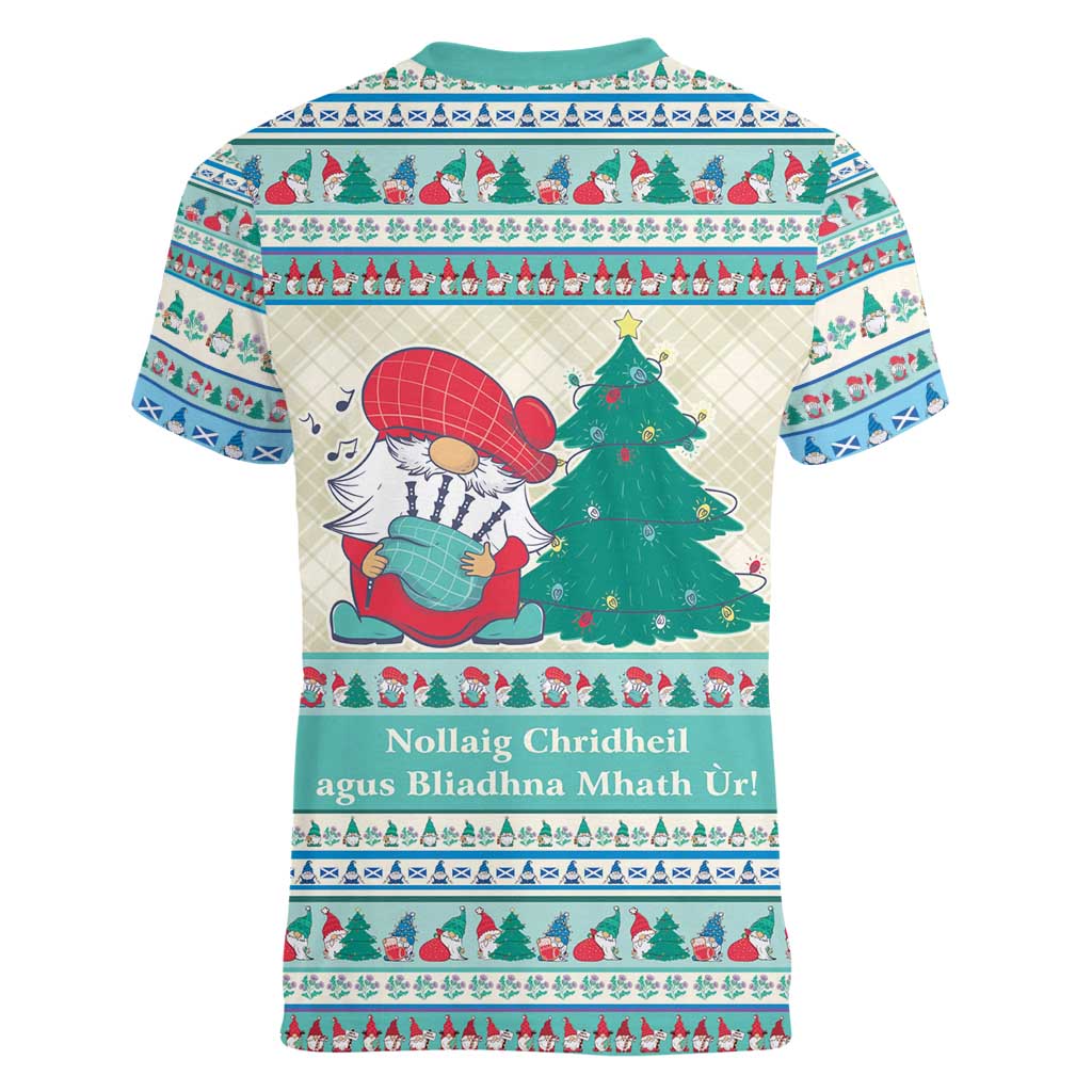 Gnome Bagpies Musical Women V-Neck T-Shirt Nollaig Chridheil Scotland Christmas Pattern - Wonder Print Shop
