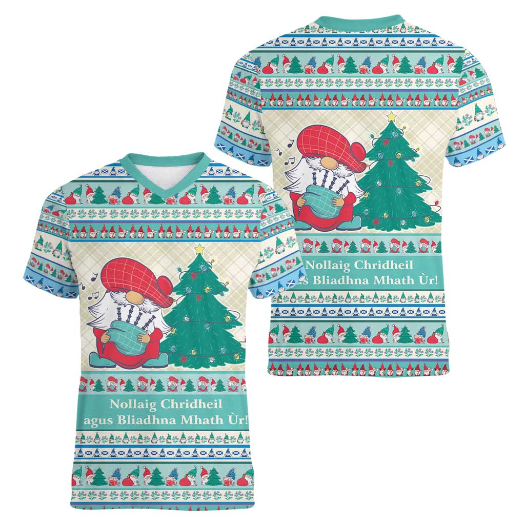 Gnome Bagpies Musical Women V-Neck T-Shirt Nollaig Chridheil Scotland Christmas Pattern - Wonder Print Shop