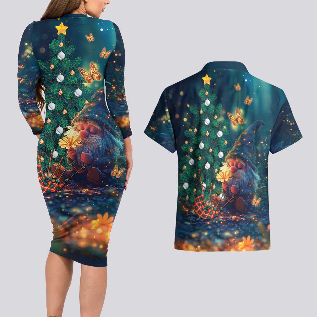 Nollaig Chridheil Scottish Gnome Couples Matching Long Sleeve Bodycon Dress and Hawaiian Shirt Bagpies Musical and Chirstmas Tree LT9 - Wonder Print Shop