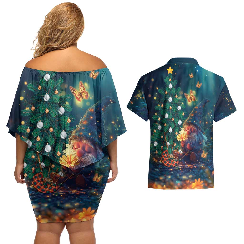 Nollaig Chridheil Scottish Gnome Couples Matching Off Shoulder Short Dress and Hawaiian Shirt Bagpies Musical and Chirstmas Tree LT9 - Wonder Print Shop