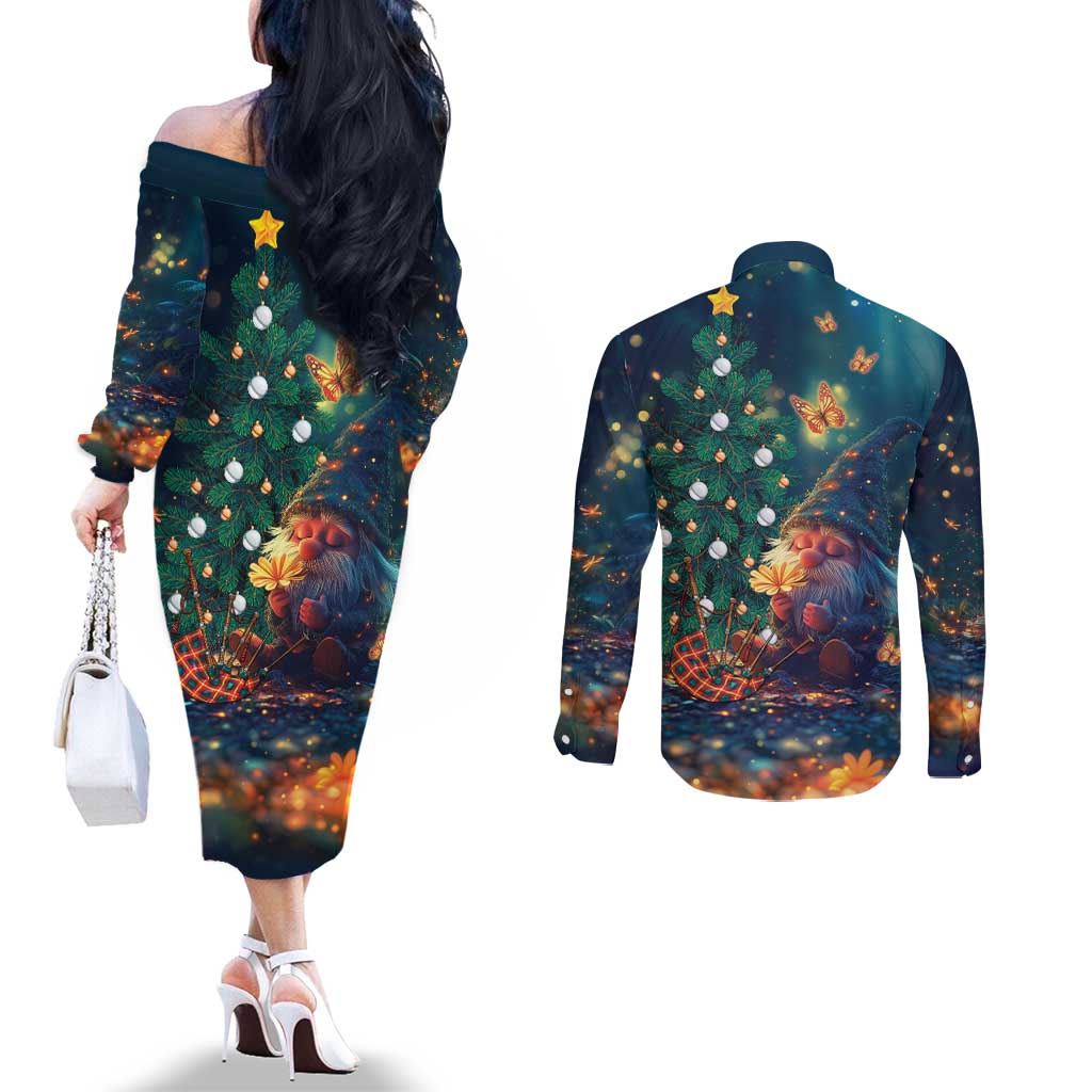 Nollaig Chridheil Scottish Gnome Couples Matching Off The Shoulder Long Sleeve Dress and Long Sleeve Button Shirt Bagpies Musical and Chirstmas Tree