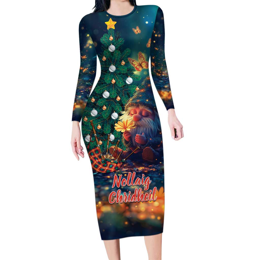 Nollaig Chridheil Scottish Gnome Family Matching Long Sleeve Bodycon Dress and Hawaiian Shirt Bagpies Musical and Chirstmas Tree LT9 - Wonder Print Shop