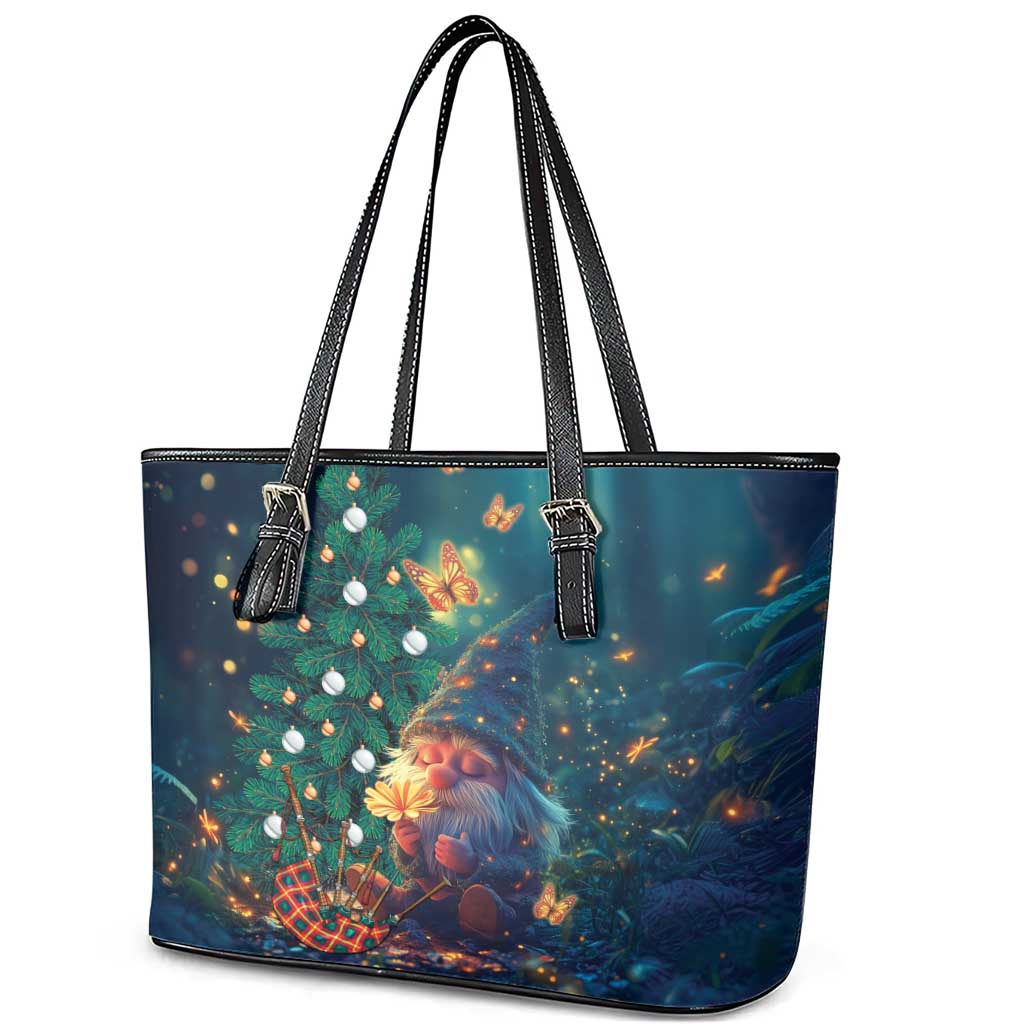 Nollaig Chridheil Scottish Gnome Leather Tote Bag Bagpies Musical and Chirstmas Tree - Wonder Print Shop