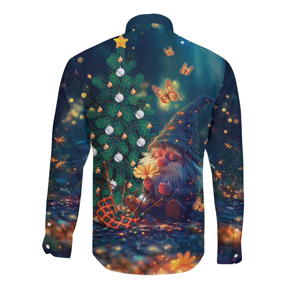 Nollaig Chridheil Scottish Gnome Long Sleeve Button Shirt Bagpies Musical and Chirstmas Tree - Wonder Print Shop