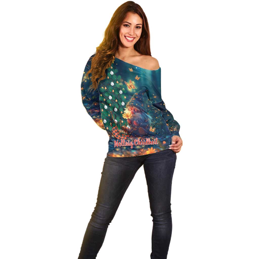 Nollaig Chridheil Scottish Gnome Off Shoulder Sweater Bagpies Musical and Chirstmas Tree - Wonder Print Shop