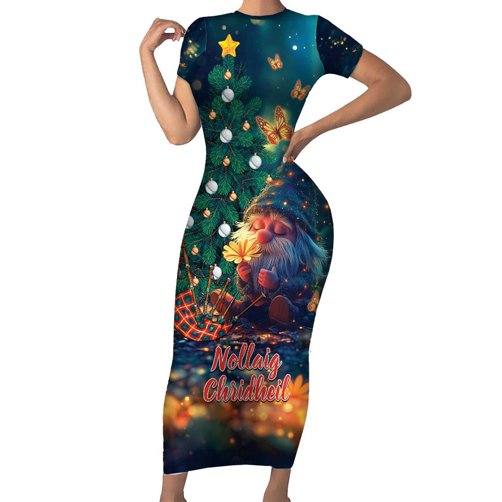 Nollaig Chridheil Scottish Gnome Short Sleeve Bodycon Dress Bagpies Musical and Chirstmas Tree - Wonder Print Shop