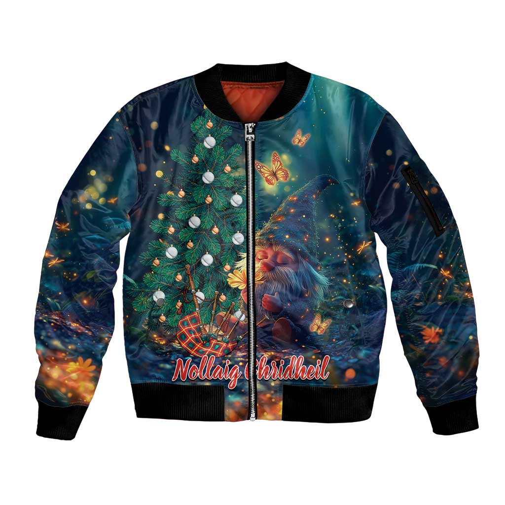 Nollaig Chridheil Scottish Gnome Sleeve Zip Bomber Jacket Bagpies Musical and Chirstmas Tree - Wonder Print Shop