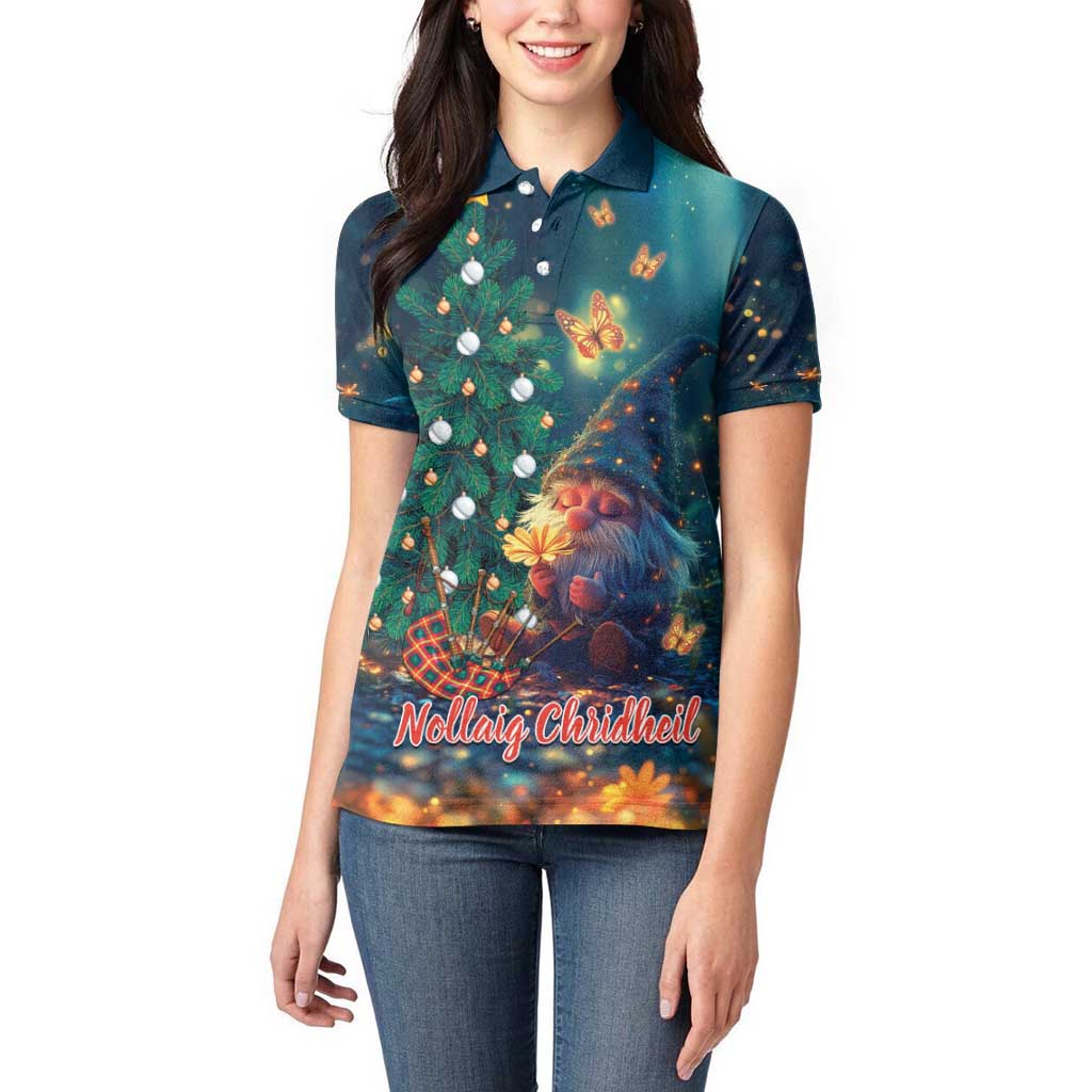 Nollaig Chridheil Scottish Gnome Women Polo Shirt Bagpies Musical and Chirstmas Tree - Wonder Print Shop