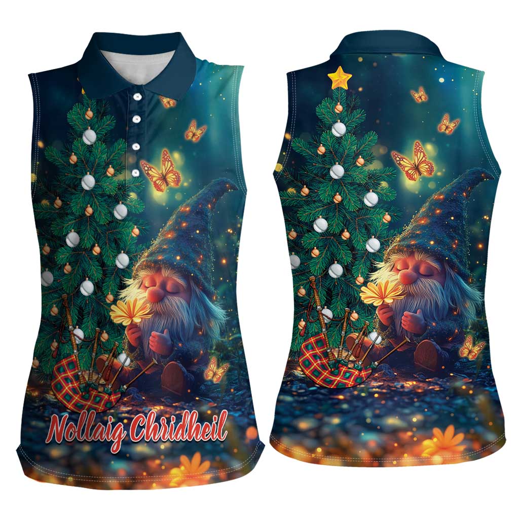 Nollaig Chridheil Scottish Gnome Women Sleeveless Polo Shirt Bagpies Musical and Chirstmas Tree - Wonder Print Shop