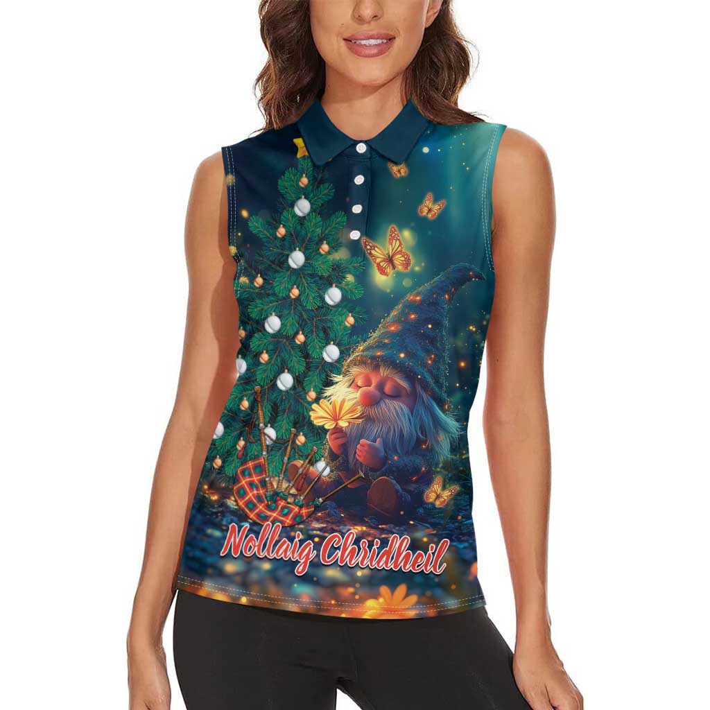 Nollaig Chridheil Scottish Gnome Women Sleeveless Polo Shirt Bagpies Musical and Chirstmas Tree - Wonder Print Shop