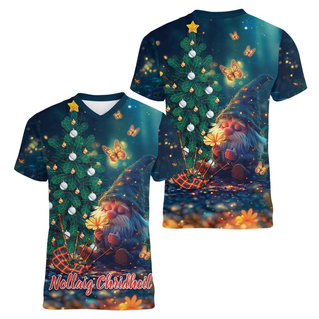 Nollaig Chridheil Scottish Gnome Women V-Neck T-Shirt Bagpies Musical and Chirstmas Tree - Wonder Print Shop