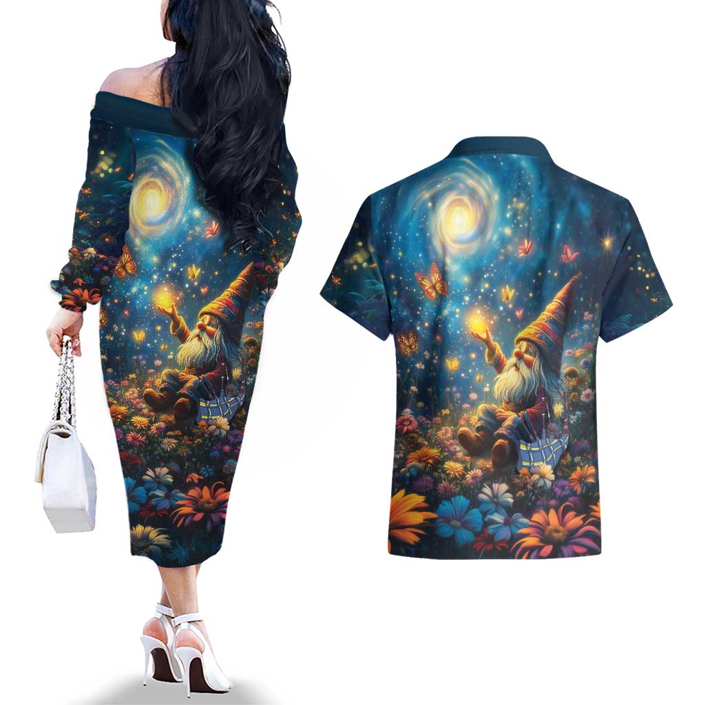 Nollaig Chridheil Scottish Gnome Couples Matching Off The Shoulder Long Sleeve Dress and Hawaiian Shirt Merry Christmas with Starry Night LT9 - Wonder Print Shop
