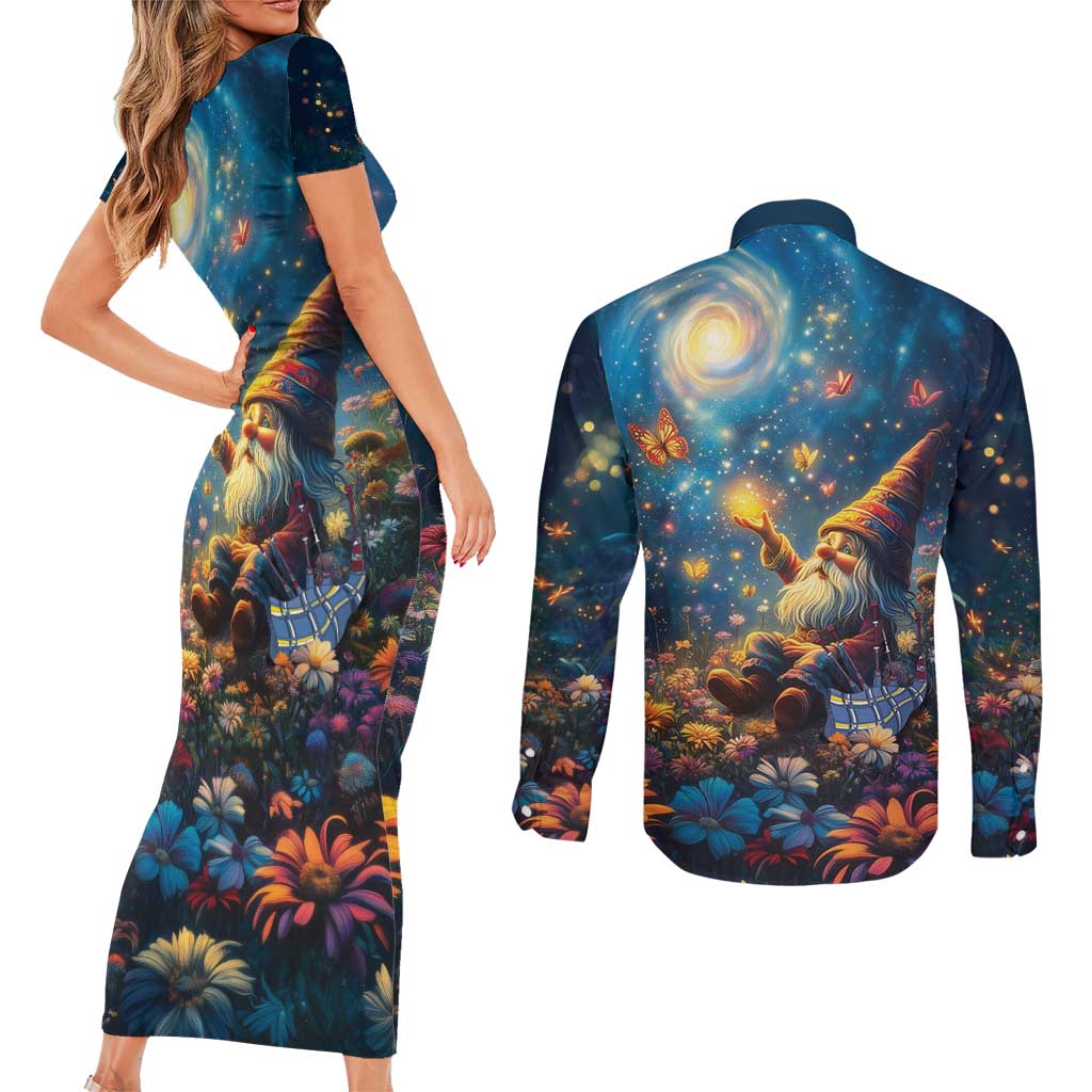 Nollaig Chridheil Scottish Gnome Couples Matching Short Sleeve Bodycon Dress and Long Sleeve Button Shirt Merry Christmas with Starry Night LT9 - Wonder Print Shop