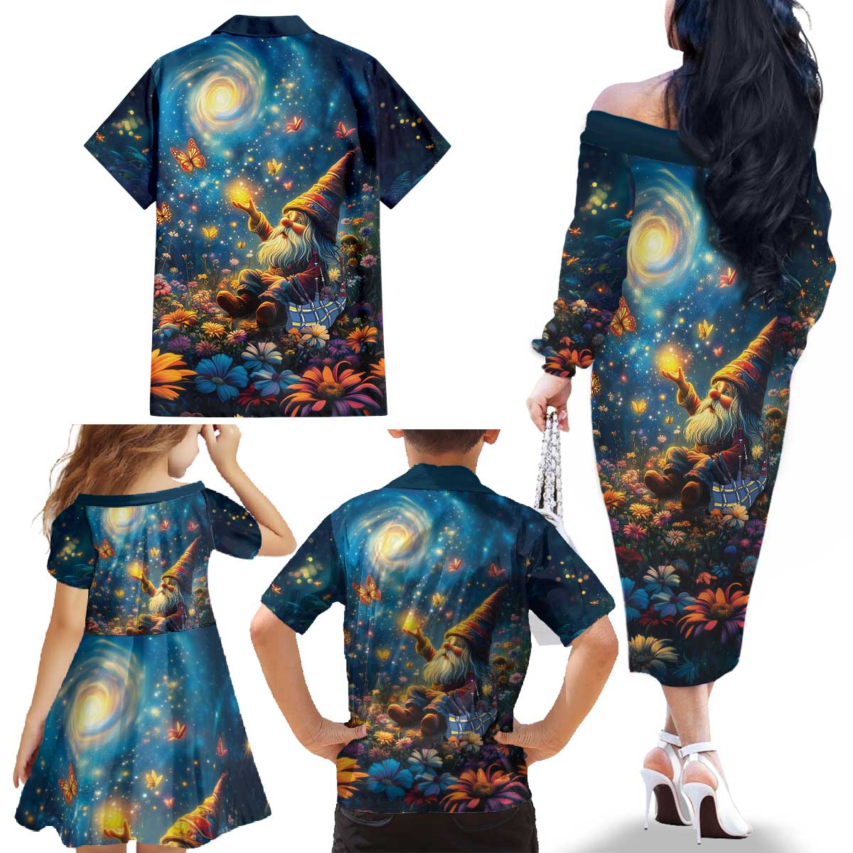 Nollaig Chridheil Scottish Gnome Family Matching Off The Shoulder Long Sleeve Dress and Hawaiian Shirt Merry Christmas with Starry Night - Wonder Print Shop