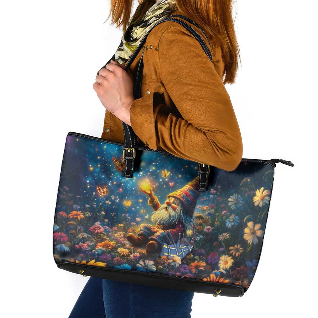 Nollaig Chridheil Scottish Gnome Leather Tote Bag Merry Christmas with Starry Night - Wonder Print Shop