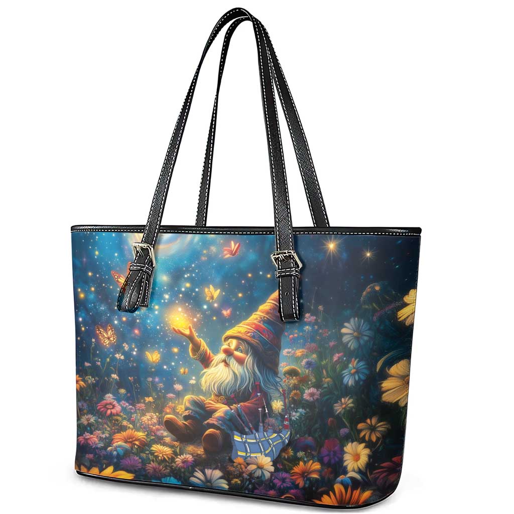 Nollaig Chridheil Scottish Gnome Leather Tote Bag Merry Christmas with Starry Night - Wonder Print Shop