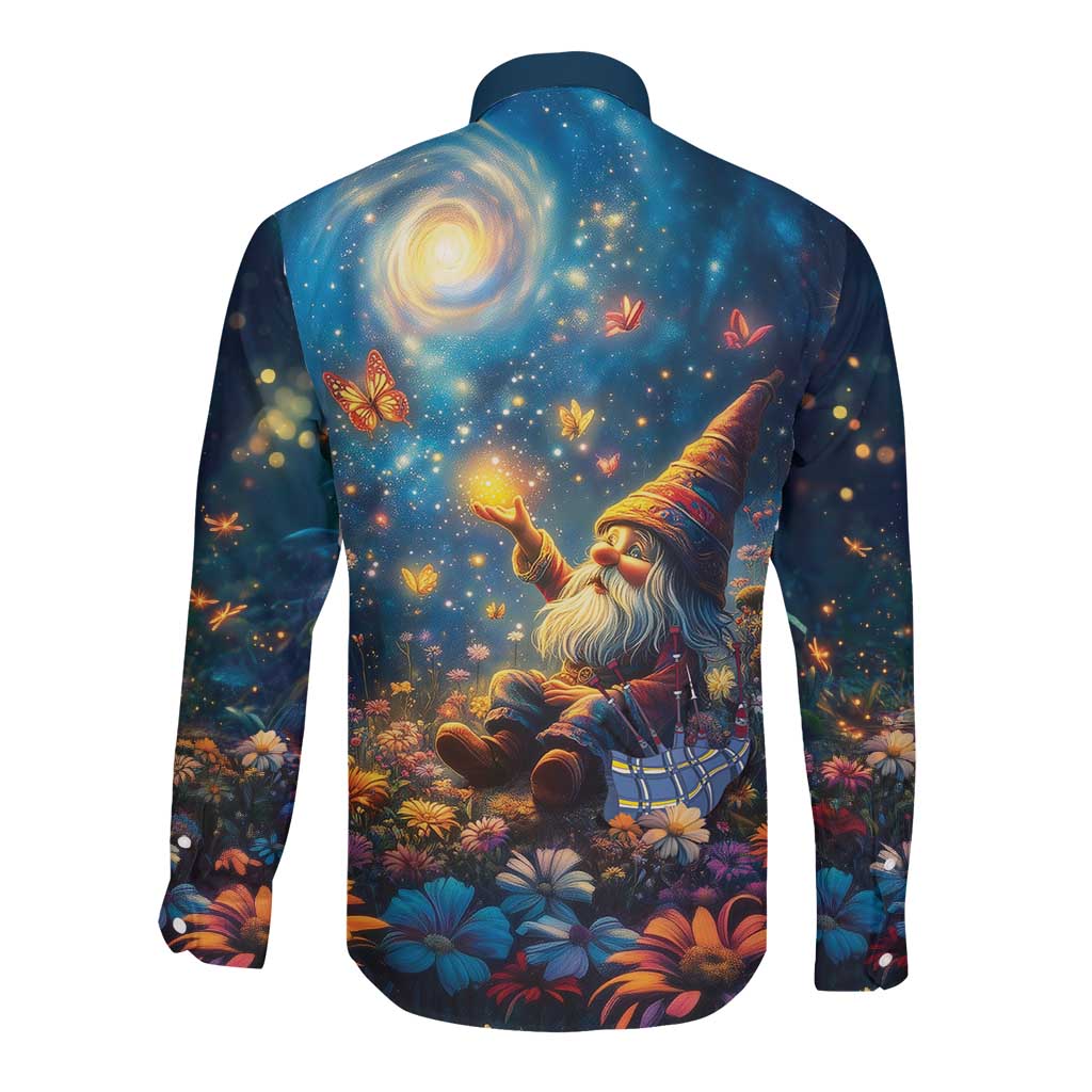 Nollaig Chridheil Scottish Gnome Long Sleeve Button Shirt Merry Christmas with Starry Night - Wonder Print Shop